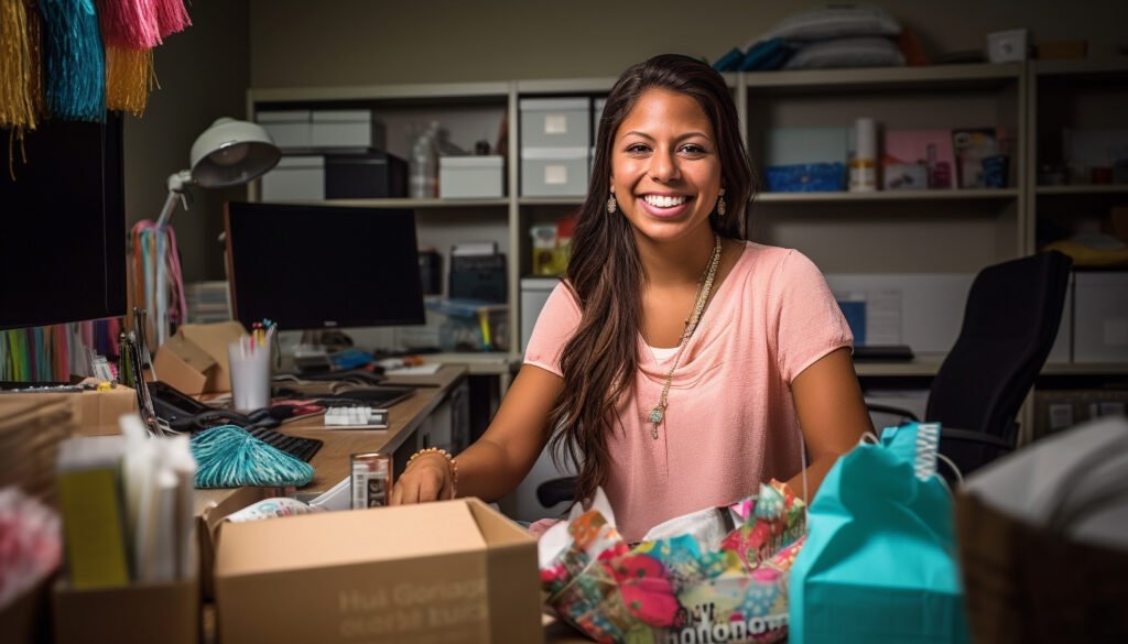 woman sits desk front box that says one best things
